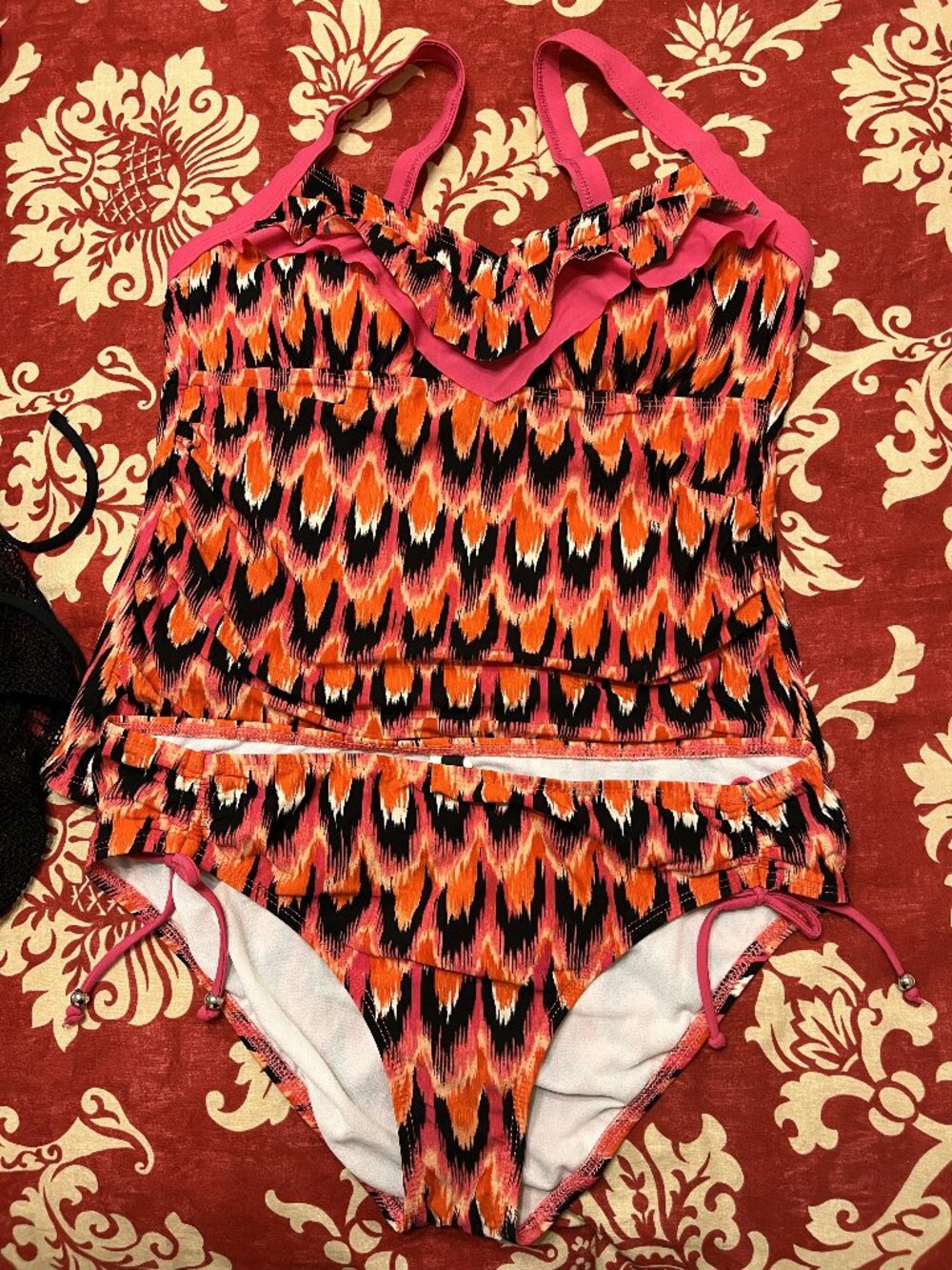 Alex Marie Vibrant Ikat Flame Print Ruffle Tankini Set - Pink & Orange (Size 10)